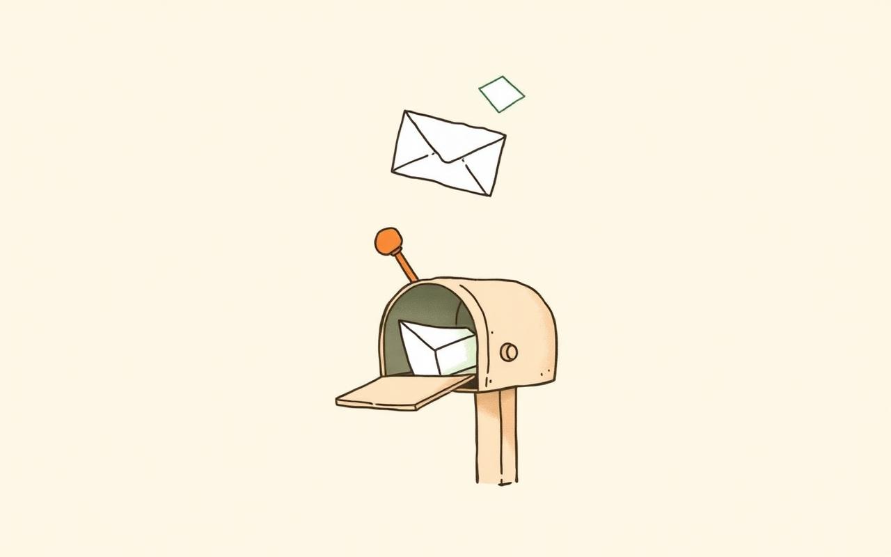 Hand-drawn open mailbox with letters floating above it